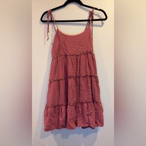 Tie strap Tiered Swiss Dot Dress in Dusty Rose